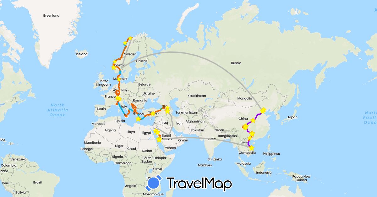 TravelMap itinerary: driving, bus, velo, wandern, zug, fähre, auto, velo wandern, velo-bob fahren, trampen, flugzeug in Albania, Armenia, Bosnia and Herzegovina, Switzerland, China, Germany, Denmark, France, Georgia, Greece, Italy, Montenegro, Macedonia, Norway, Serbia, Saudi Arabia, Turkey, Vietnam, Kosovo (Asia, Europe)