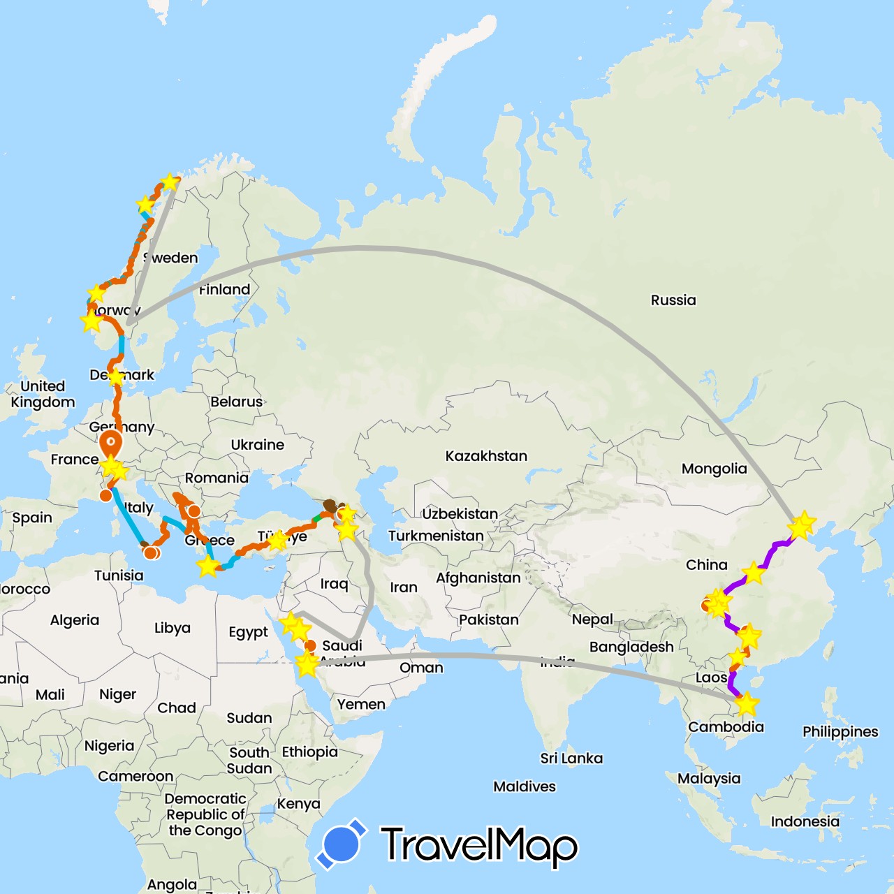 TravelMap itinerary: driving, bus, velo, wandern, zug, fähre, auto, velo wandern, velo-bob fahren, trampen, flugzeug in Albania, Armenia, Bosnia and Herzegovina, Switzerland, China, Germany, Denmark, France, Georgia, Greece, Italy, Montenegro, Macedonia, Norway, Serbia, Saudi Arabia, Turkey, Vietnam, Kosovo (Asia, Europe)